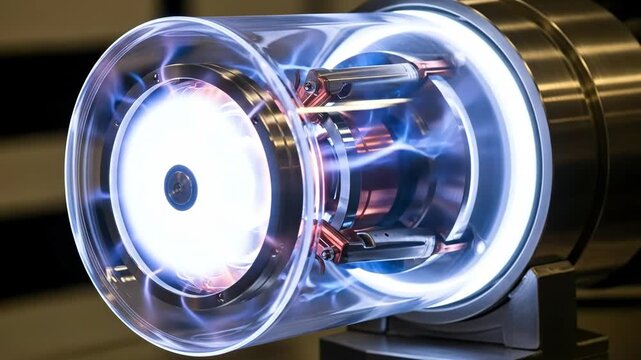 Plasma experiment with glowing sphere and intricate electrode structure inside cylinder