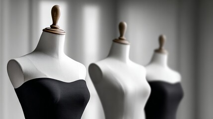 Three mannequins are dressed in black and white clothing. The mannequins are standing next to each other, and they are all wearing different styles of clothing. The room is dimly lit