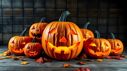 Group of pumpkins at different carving stages, from uncut to fully detailed jack-o'-lanterns, on a rustic table," [pumpkin carving progression], [Halloween creativity, fall tradition]
