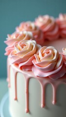 Exquisite cake showcases a beautiful design, featuring elegant pink buttercream rose decorations on top of a white frosted dessert with cascading drips and a soft, blurred background, perfect for...