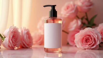 Transparent cosmetic bottle with a blank label is surrounded by delicate pink roses, conveying a sense of beauty and freshness.
