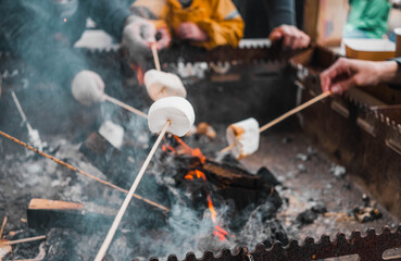 People roasting marshmallows over an open campfire, cozy outdoor gathering with smoke and flames, camping fun and warm social activity in nature
