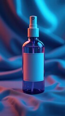 Transparent glass spray bottle, filled with blue liquid, stands against a backdrop of soft, flowing fabric.