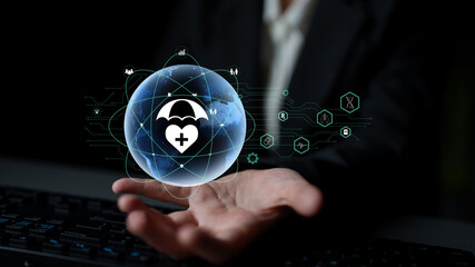 Global healthcare and medical insurance solutions for family protection. Digital technology...