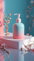 A pastel-toned cosmetic pump bottle displays a soft, gradient transition from light pink to pale blue, arranged on a square platform, complemented by delicate floral branches with tiny blossoms...