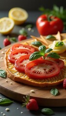 Freshly sliced red tomatoes arranged atop a piece of bread, complemented by vibrant basil leaves, strawberries, and lemon slices, all artistically presented on a wooden board, creating a visually...