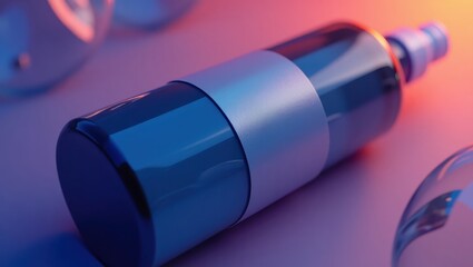 Sleek cylindrical object with a metallic band and blue and silver coloring is presented against a gradient background, with reflective spheres creating a dynamic composition.