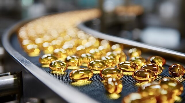 Golden softgel capsules conveying on an industrial production line in a pharmaceutical manufacturing facility, representing health, medicine, and industrial process