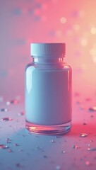 A translucent bottle with a white cap is positioned in the center, showcasing a liquid substance, set against a blurred backdrop with soft bokeh effects and gradients of pink and blue colors, along...