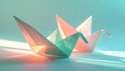 Two origami paper cranes sit side by side in a softly lit environment, their colorful wings casting gentle shadows across the surface, blending shades of pink, turquoise, and white.
