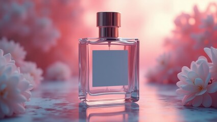 A beautiful perfume bottle with a metallic cap sits on a reflective surface, featuring a backdrop of soft, blurred pink and white flowers that suggest a romantic and elegant atmosphere.