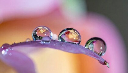shot of three perfect water droplets resting on a delicate, purple petal.