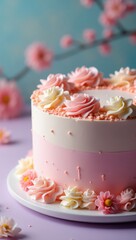 Deliciously decorated cake featuring soft pastel pink and white frosting, adorned with delicate buttercream flowers, sitting on a white plate, with a blurred backdrop of flowering branches and...