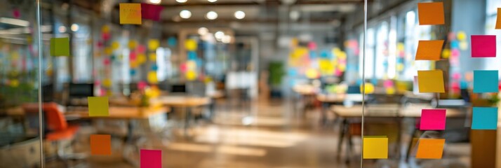 Obraz premium Creative Workspace Filled With Colorful Sticky Notes for Brainstorming and Collaboration in a Modern Office Setting