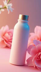 Pink bottle with a golden cap leans slightly in the middle of lush pink flowers against a soft, gradient backdrop, suggesting beauty, freshness, and a spa ambiance with a focus on skincare or...