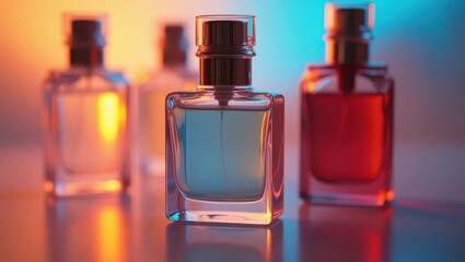 Several perfume bottles are artfully arranged, showcasing various colors of liquid against a backdrop of contrasting orange and teal illumination, creating a visually appealing aesthetic on a...