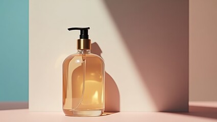 Liquid soap bottle presented against a backdrop of pastel hues with contrasting shadows, creating a calming aesthetic, showcasing a minimalist product presentation.