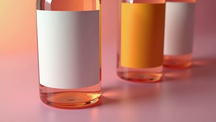 Three clear glass bottles are arranged on a soft pink surface, displaying a gradient background with warm peach and pink hues.