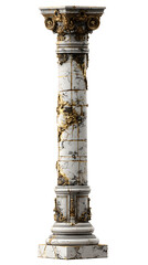 Naklejka premium Stunning ancient marble column with ornate gold accents and cracked texture, embodying timeless elegance and historical grandeur for sophisticated design projects.
