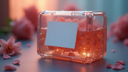 A transparent, square container is filled with delicate pink orbs suspended in a liquid, creating an interesting visual effect with soft, diffused light from behind.