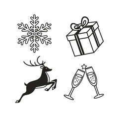 Christmas holiday icons set featuring snowflake gift deer and champagne glasses for festive celebrations isolated on transparent background