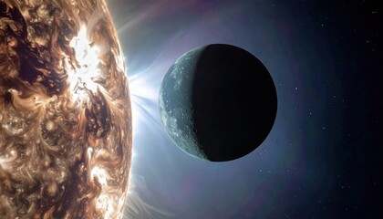A celestial scene displays a sun with bright flares and a distant planet, set against a backdrop of deep space with twinkling stars and celestial light.