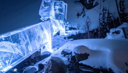 Magnificent translucent ice structures with glowing internal light, sit amongst a snow-covered landscape with rocks and bare trees against a dark blue night sky and cold winter surroundings.