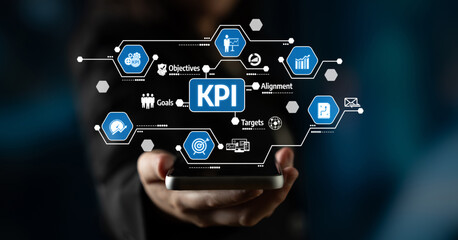Fototapeta premium This image showcases a digital representation of key performance indicators, illustrating objectives, goals, and data analysis in a modern business environment. Tessel