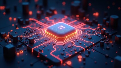 This image showcases a stylized  of a computer processor, featuring glowing red circuitry on a dark blue background.