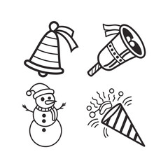 Christmas icons set bells snowman and party popper outline style holiday celebration symbols isolated on transparent background