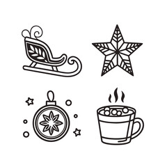 Festive winter icons a sleigh star ornament and hot cocoa cup outline isolated on transparent background