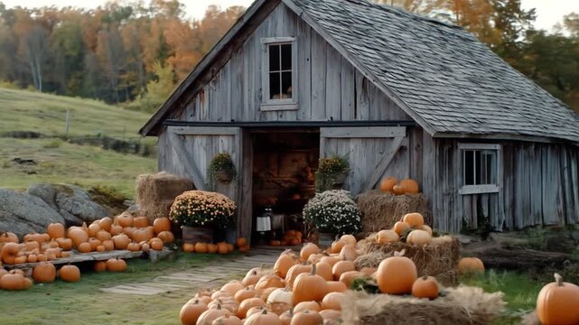 Rustic wooden barn adorned with autumn pumpkins and hay bales, showcasing a bountiful fall harvest scene in the countryside.