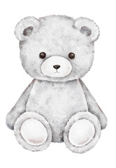 Watercolor illustration of cute grey teddy bear with pink bow. Soft and charming element for Saint Valentines Day cards, packaging, posters, invitations, or gentle romantic compositions.