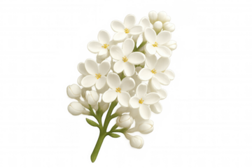White lilac flower sprig with individual blossoms and buds, creating a gentle and fresh botanical art illustration
