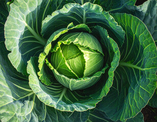 Obraz premium Lush Green Cabbage Head Unfurling Its Veined Leaves in a Sunlit Garden.