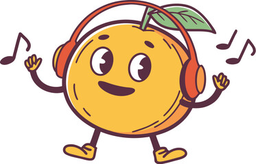 orange mascot dancing happily with headphones on
