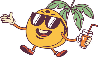 orange mascot with sunglasses and juice glass tro