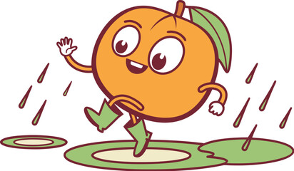 orange mascot jumping in puddle rainy day fun ill