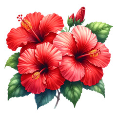 Vivid illustration of three red hibiscus flowers with green leaves on a black background