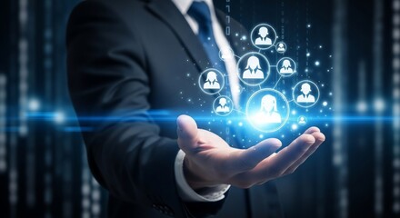 Professional businessman showcases glowing network connections and digital human resources using futuristic technology in a modern office setting