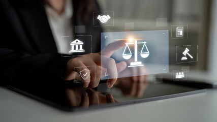 Legal compliance and governance concept showing justice scale, courthouse, contract, policy,...