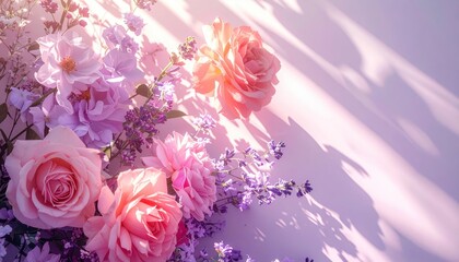 Delicate floral arrangement of roses and other flowers, displaying a blend of pink, purple, and lavender hues, complemented by soft shadows and a bright, natural illumination that creates a serene...