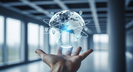 Innovative global network visualization held in hand, showcasing digital connections and worldwide reach for future business growth