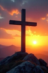 Sunrise Serenity Wooden Cross at Dawn, Inspiring Hope, Faith, and Spiritual Peace