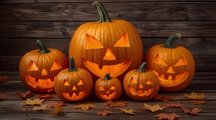 Group of pumpkins at different carving stages, from uncut to fully detailed jack-o'-lanterns, on a rustic table," [pumpkin carving progression], [Halloween creativity, fall tradition]