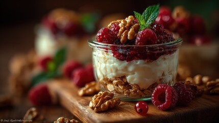 Delicious dessert in a jar with berries, granola and nuts creating culinary joy