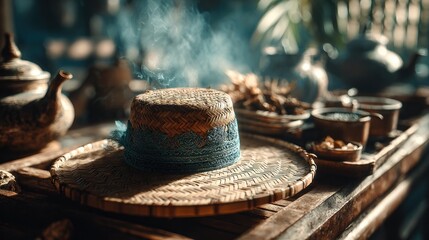 Asian culinary tradition, featuring steaming rice container on wooden tray