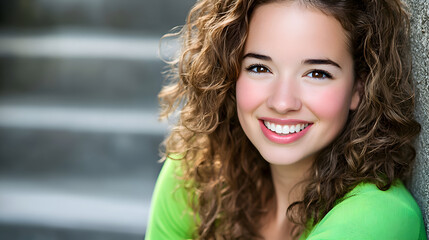 A young woman with a glowing smile and vibrant curly hair poses confidently, her bright green shirt adding a fresh pop of color to the neutral background