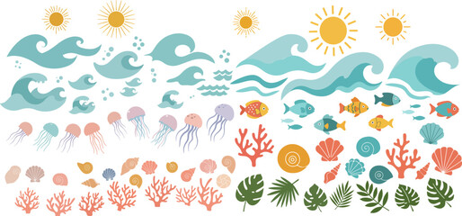 Flat Tropical Mirine Elements Set – Cute Jellyfish, Wave, Fish Coral Shell and Leaf Illustration