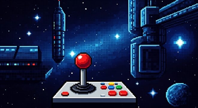 Pixel Art illustration of a classic arcade joystick floating in a deep space scene with a spaceship and stars - Powered by Adobe